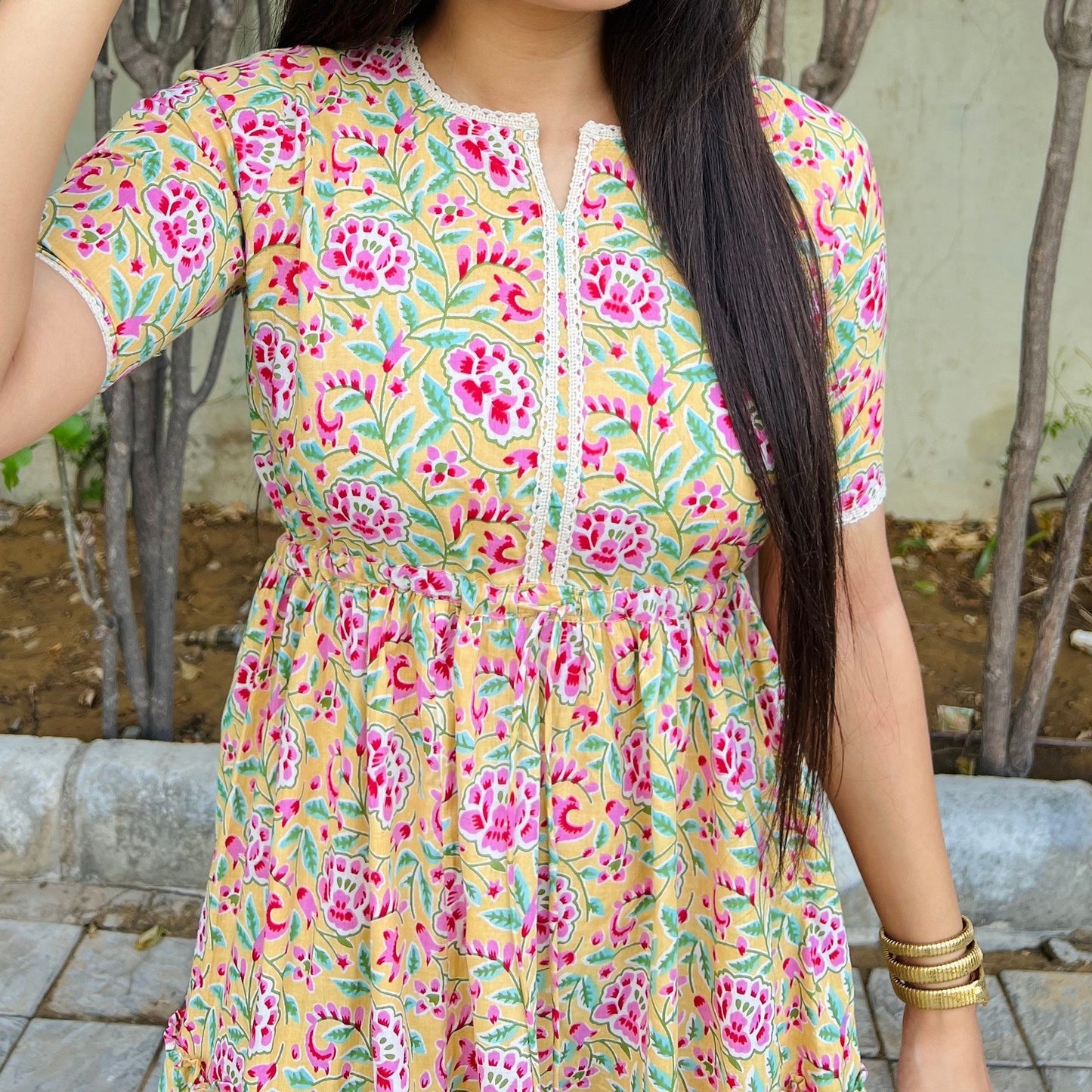 Lime Handblock Tier Dress