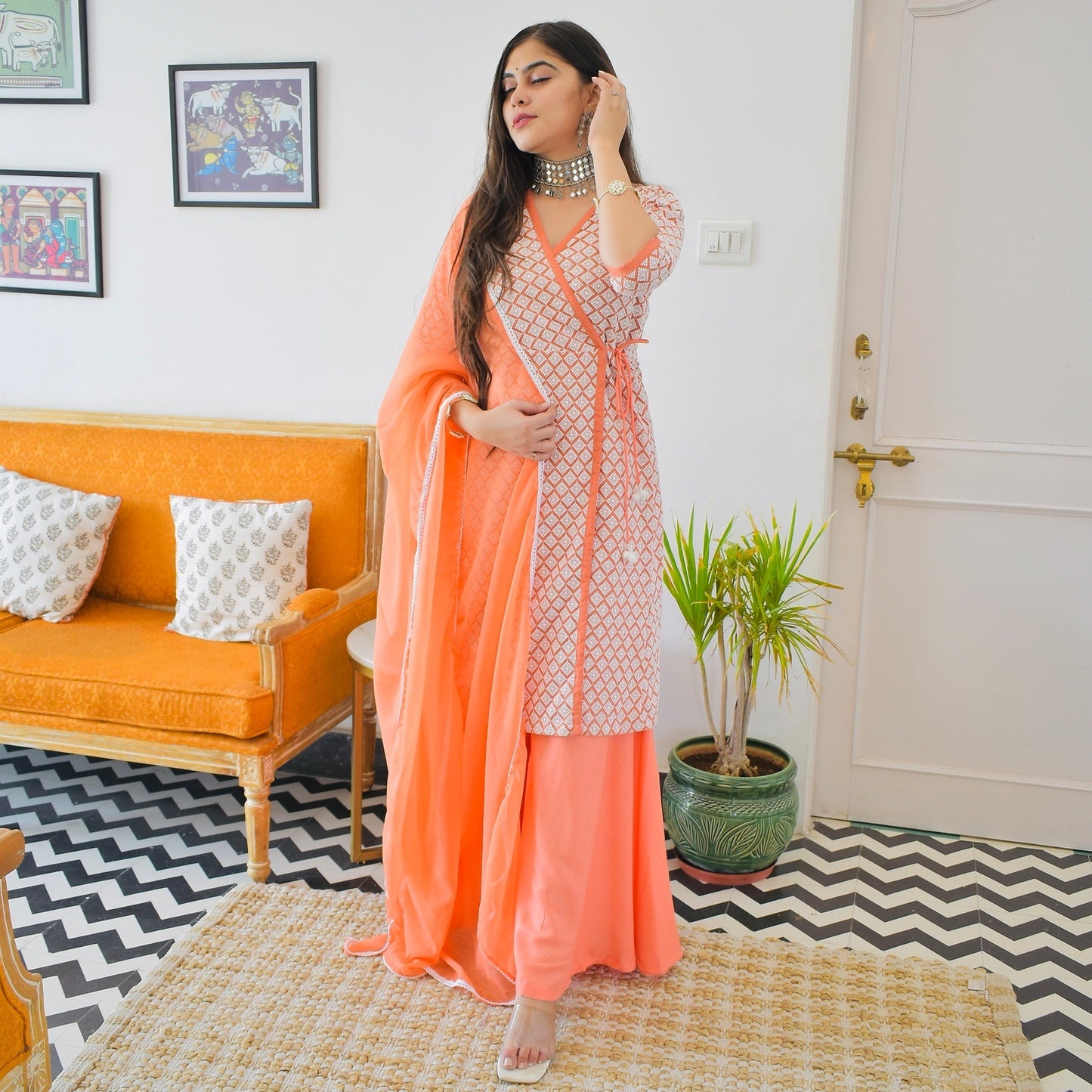 Prisha Peach Sharara Suit Set