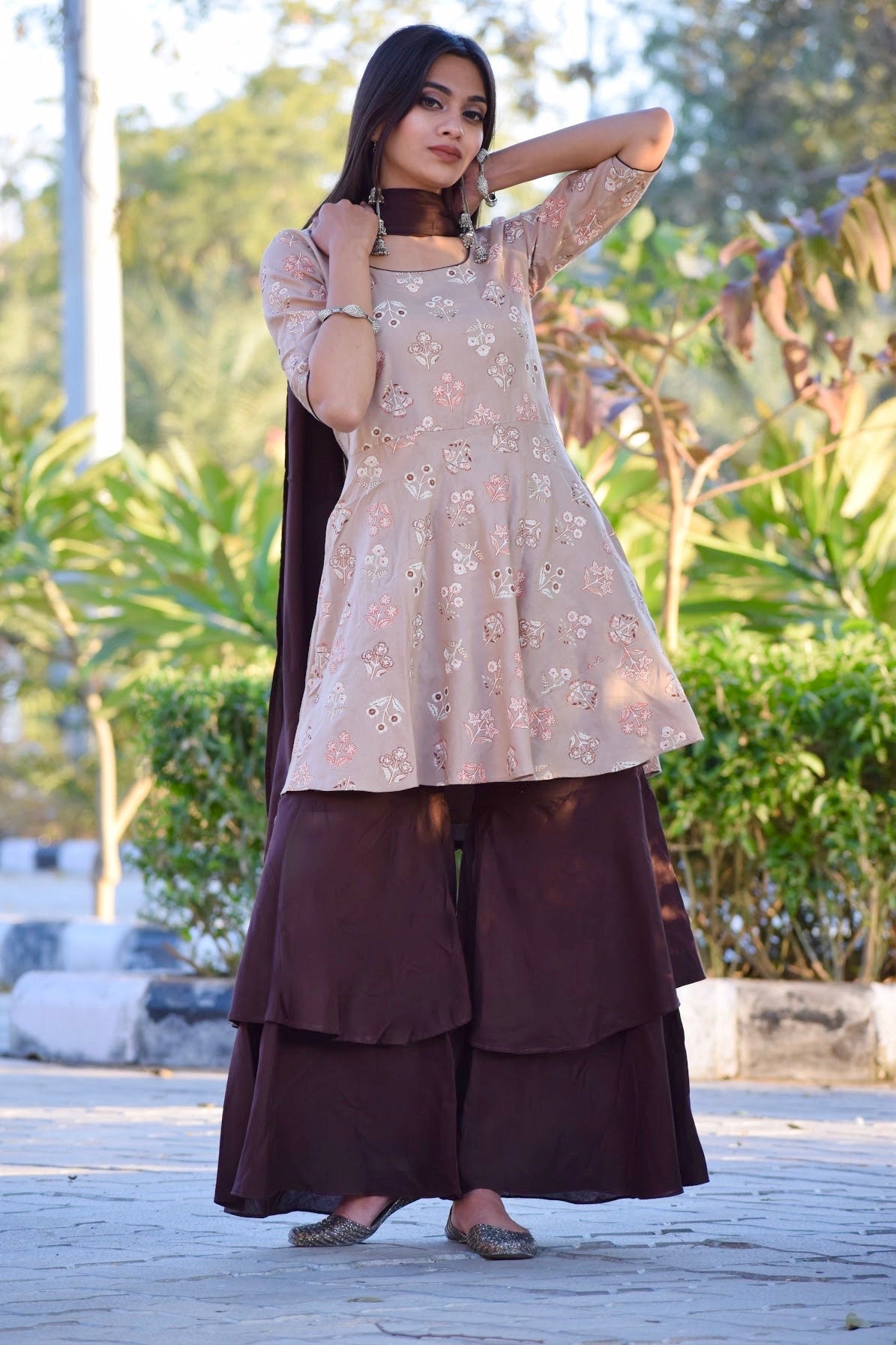 Coffee Layered Sharara Suit Set