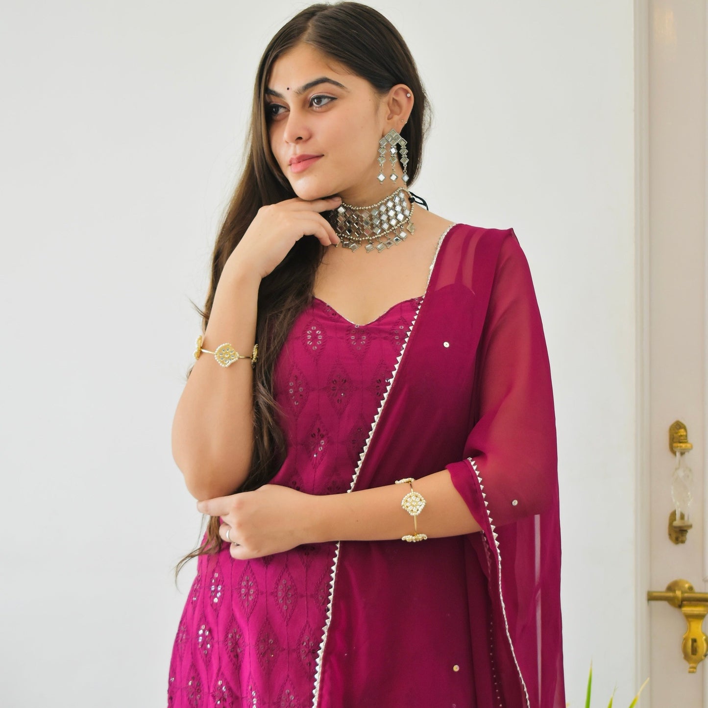 Wine Chikankari Sharara Suit Set