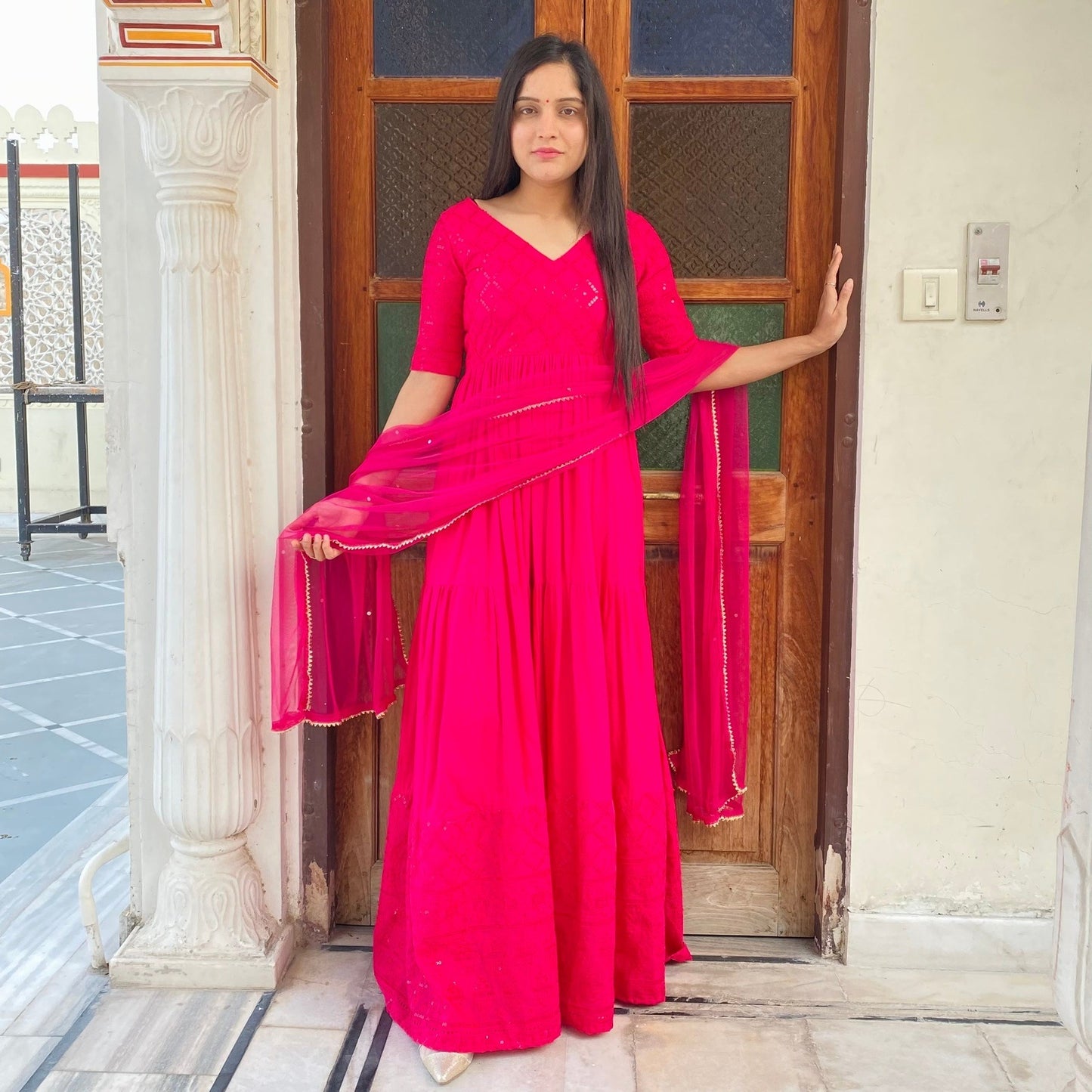 Pink Chikankari Tier Dress With Dupatta