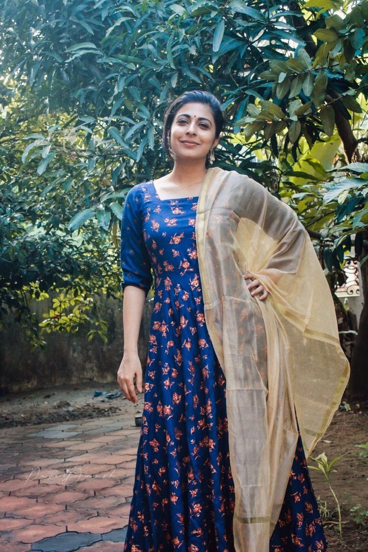 Blue Gold Foil Dress With Dupatta
