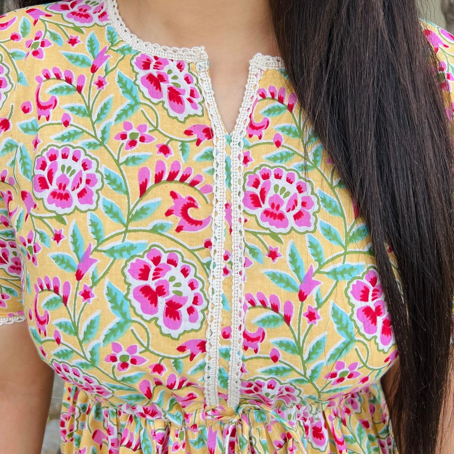 Lime Handblock Tier Dress