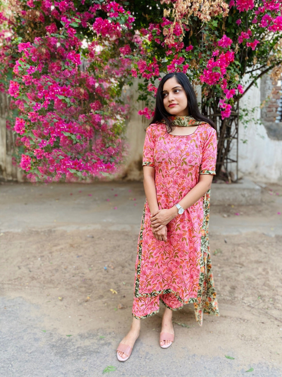 Pink Garden Handblock Suit Set