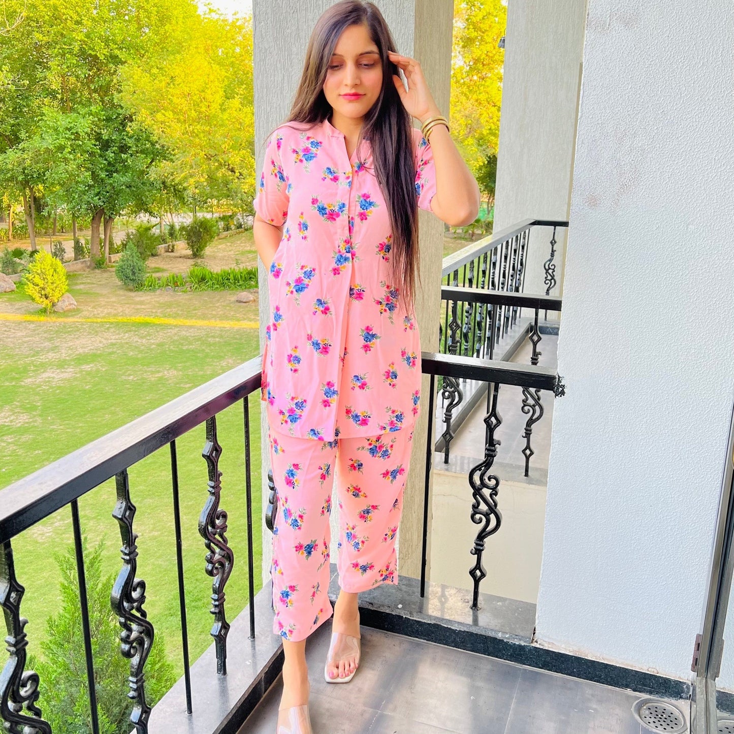 Peach Floral Cord Set