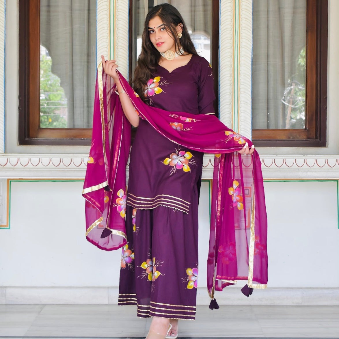 Wine Handpainted Sharara Suit Set