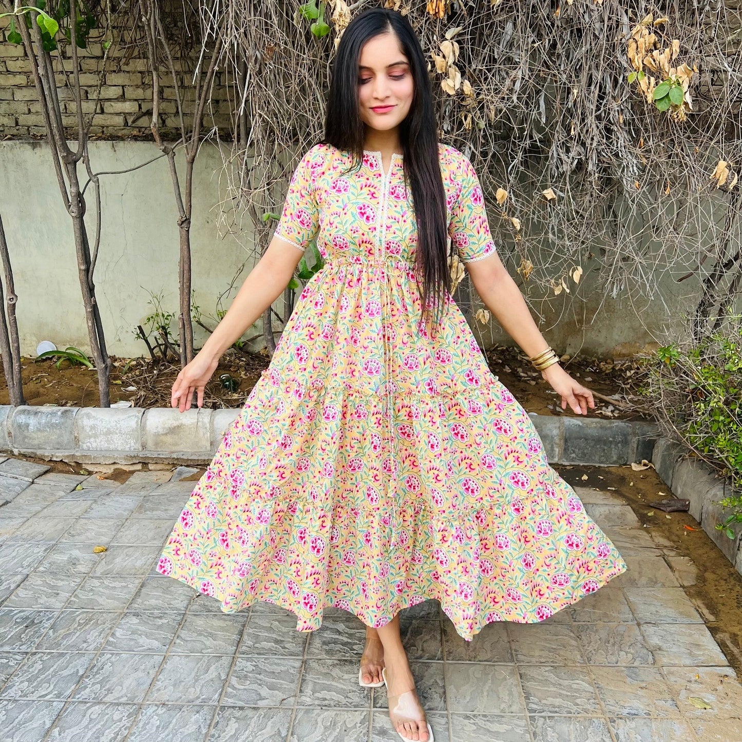 Lime Handblock Tier Dress