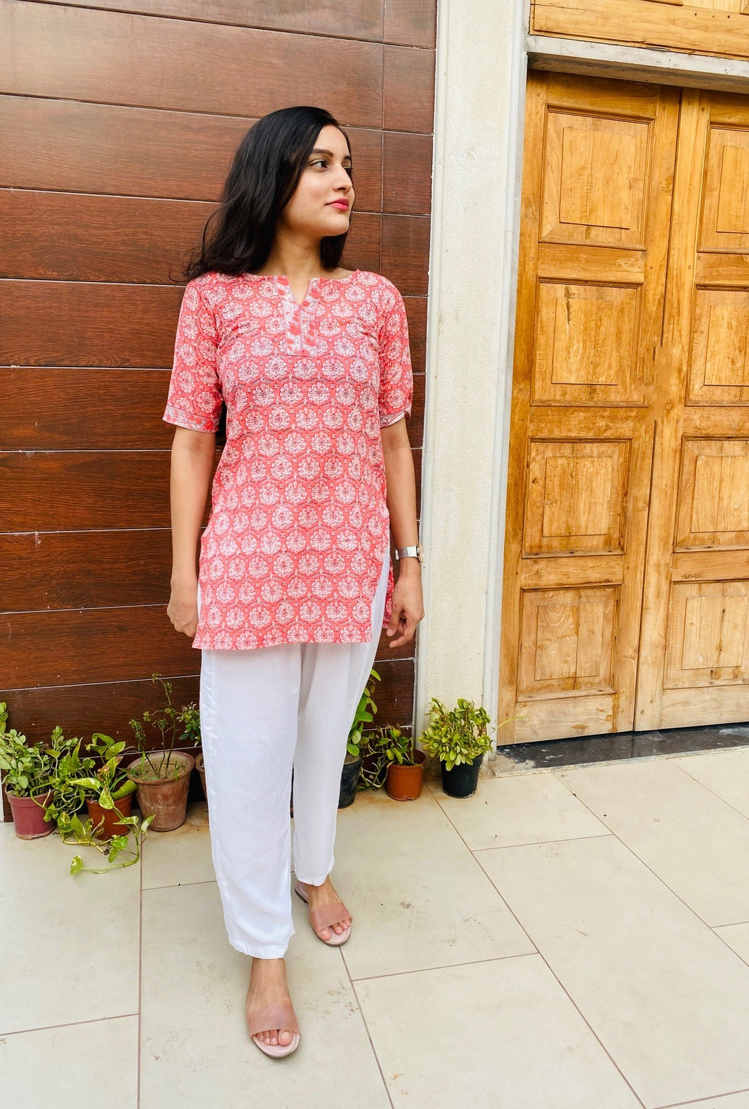 Pink Handblock Floral Kurta Set