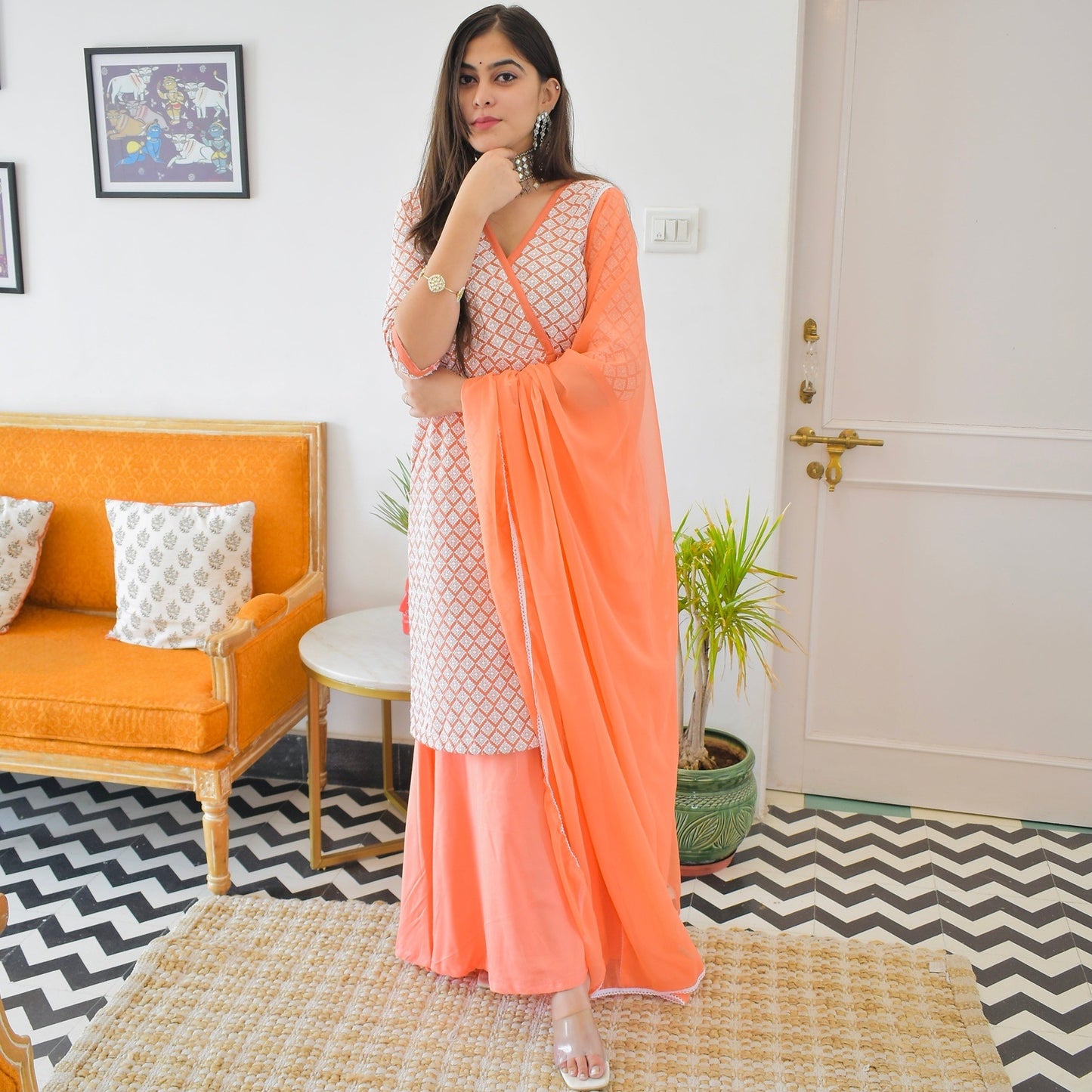 Prisha Peach Sharara Suit Set