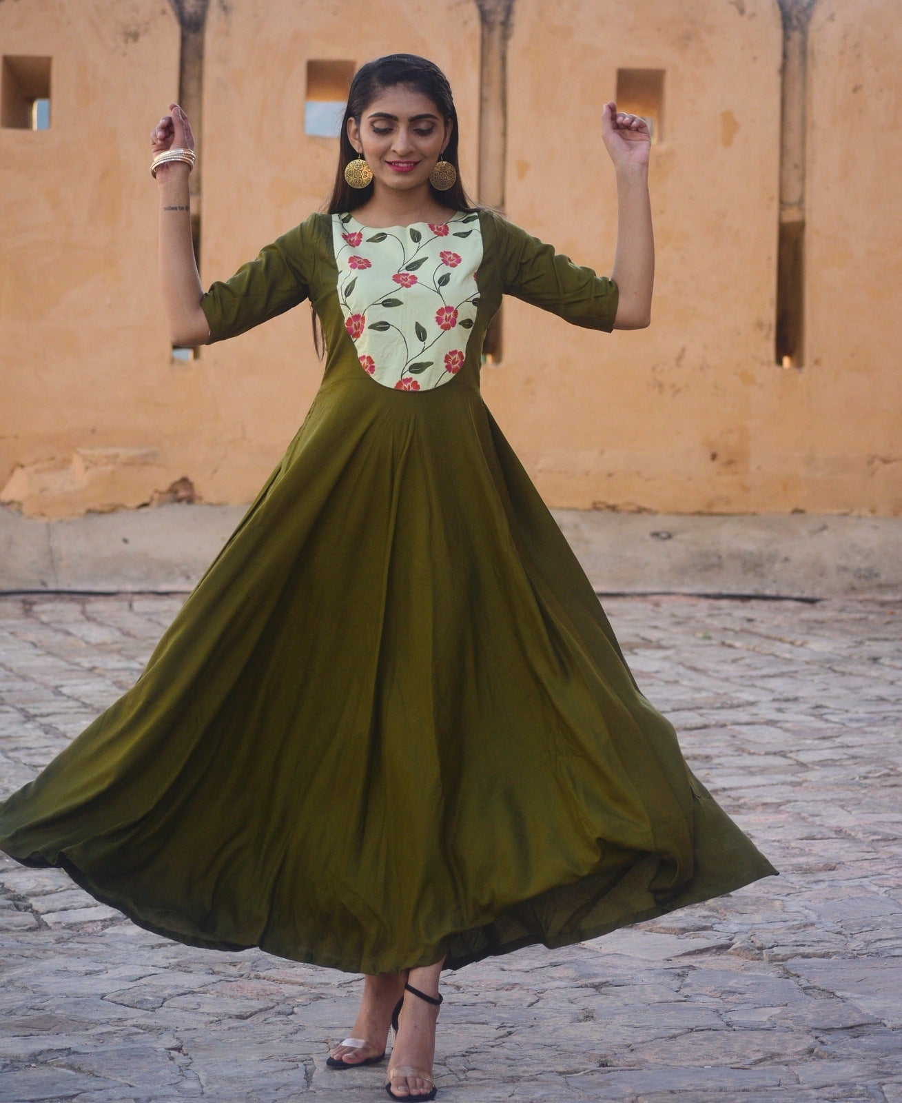 Olive Yoke Flower Dress