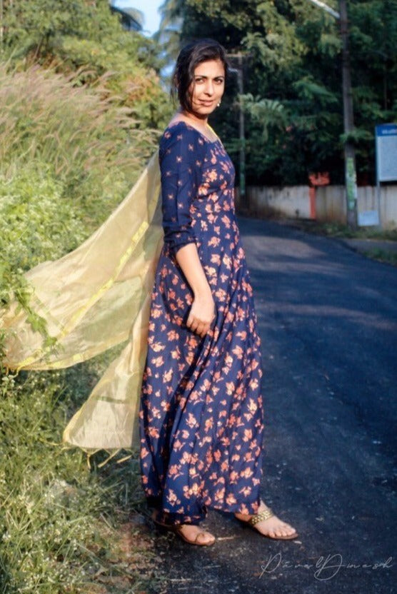 Blue Gold Foil Dress With Dupatta