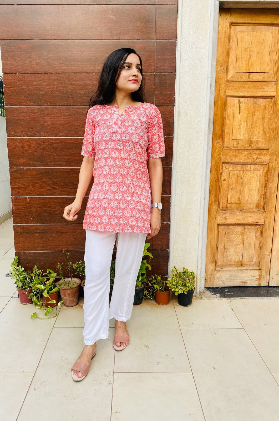 Pink Handblock Floral Kurta Set