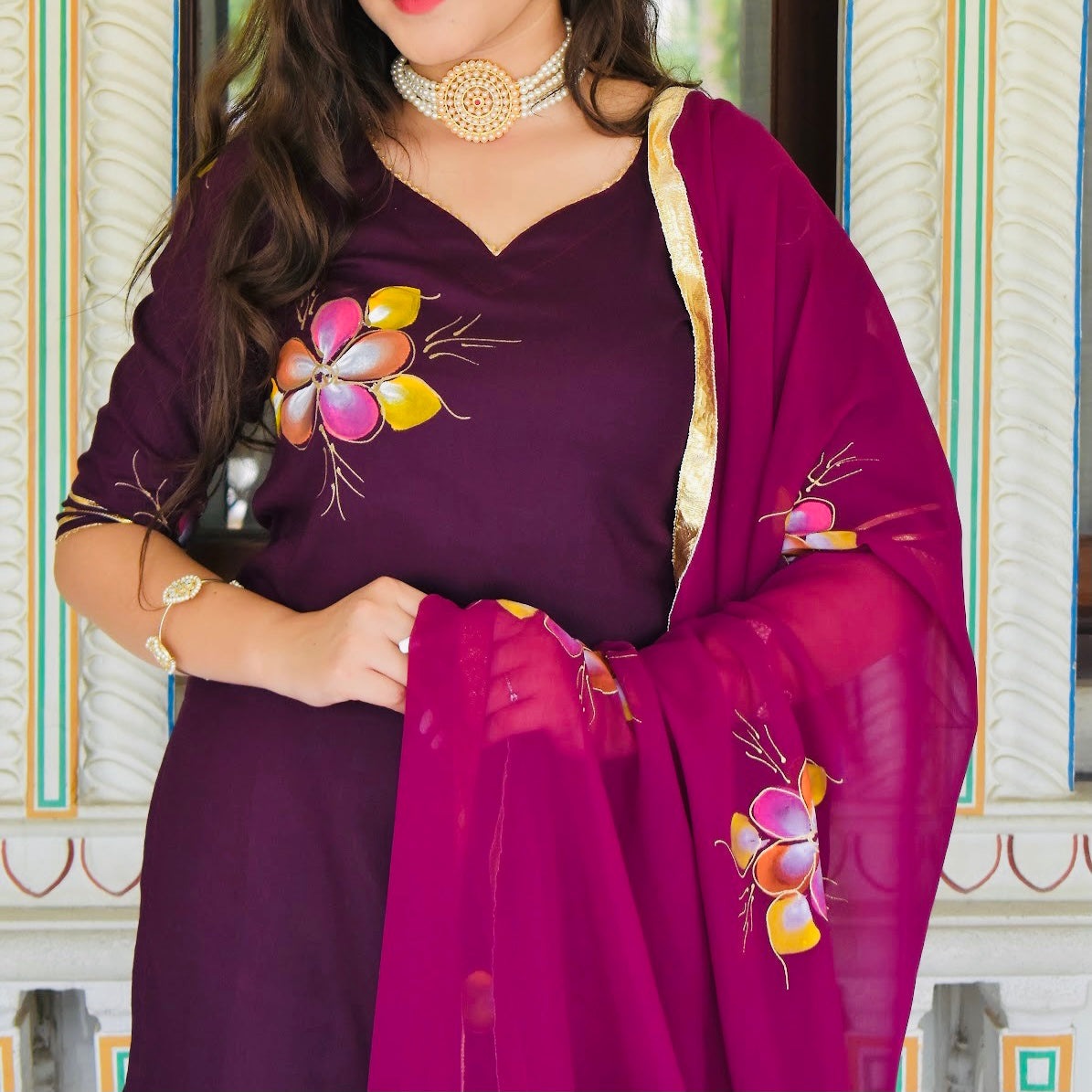 Wine Handpainted Sharara Suit Set
