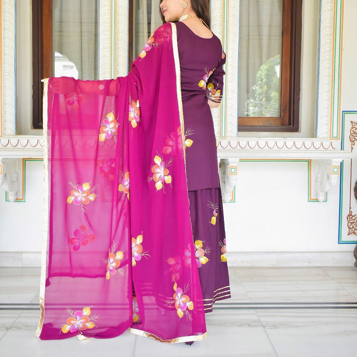 Wine Handpainted Sharara Suit Set