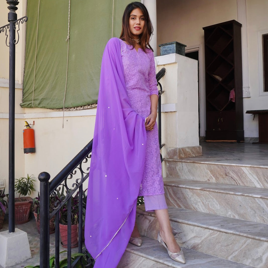 Lilac Chikankari Suit Set
