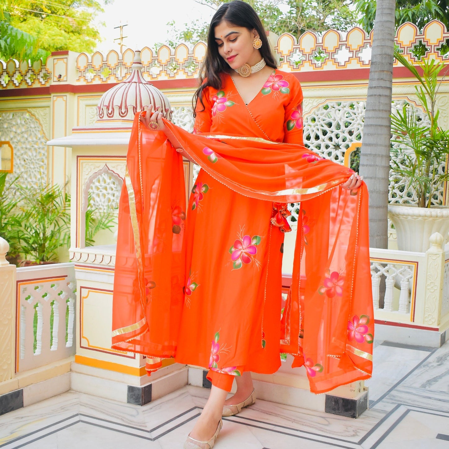 Orange Handpainted Angrakha Suit Set