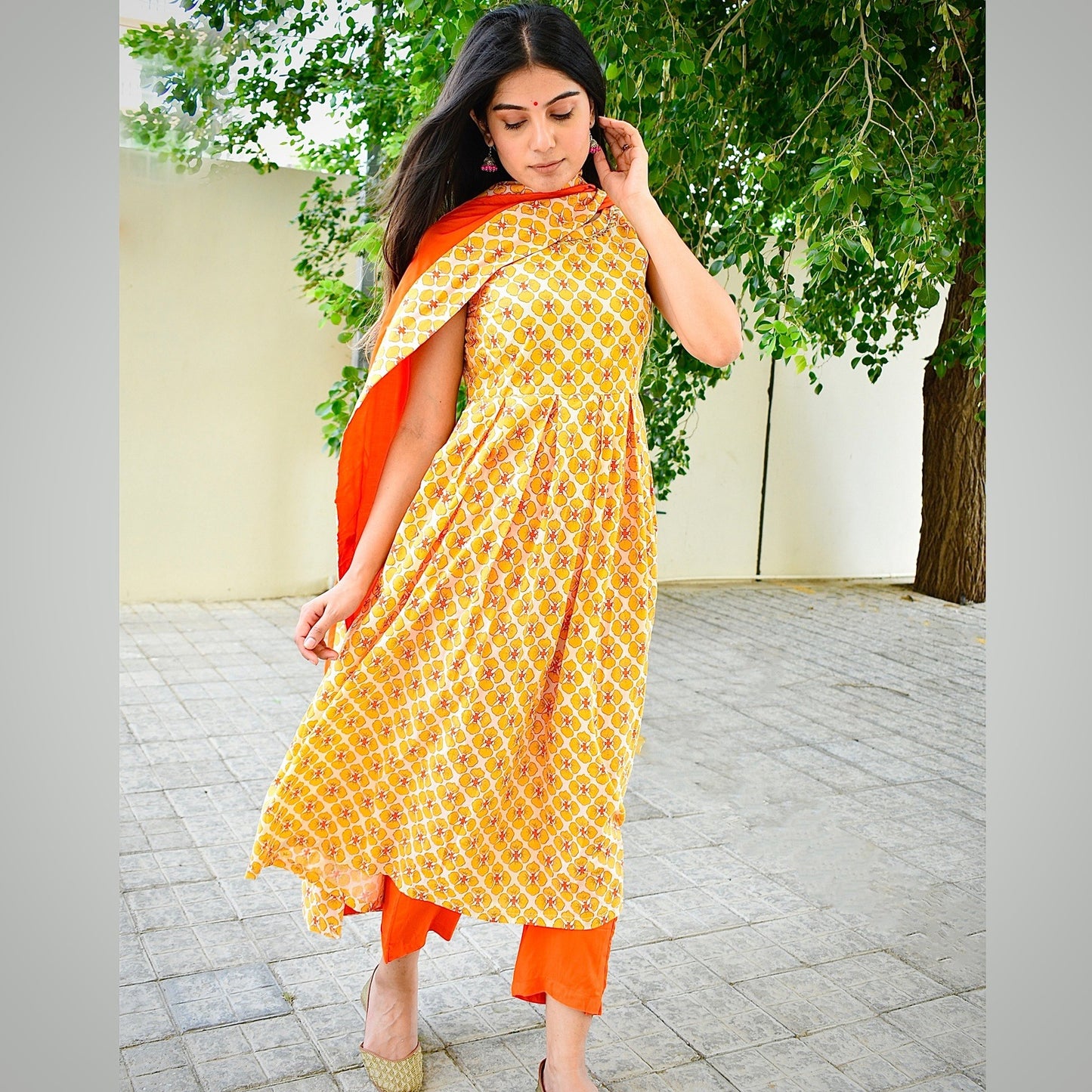 Butter Handblock Pleated Suit Set
