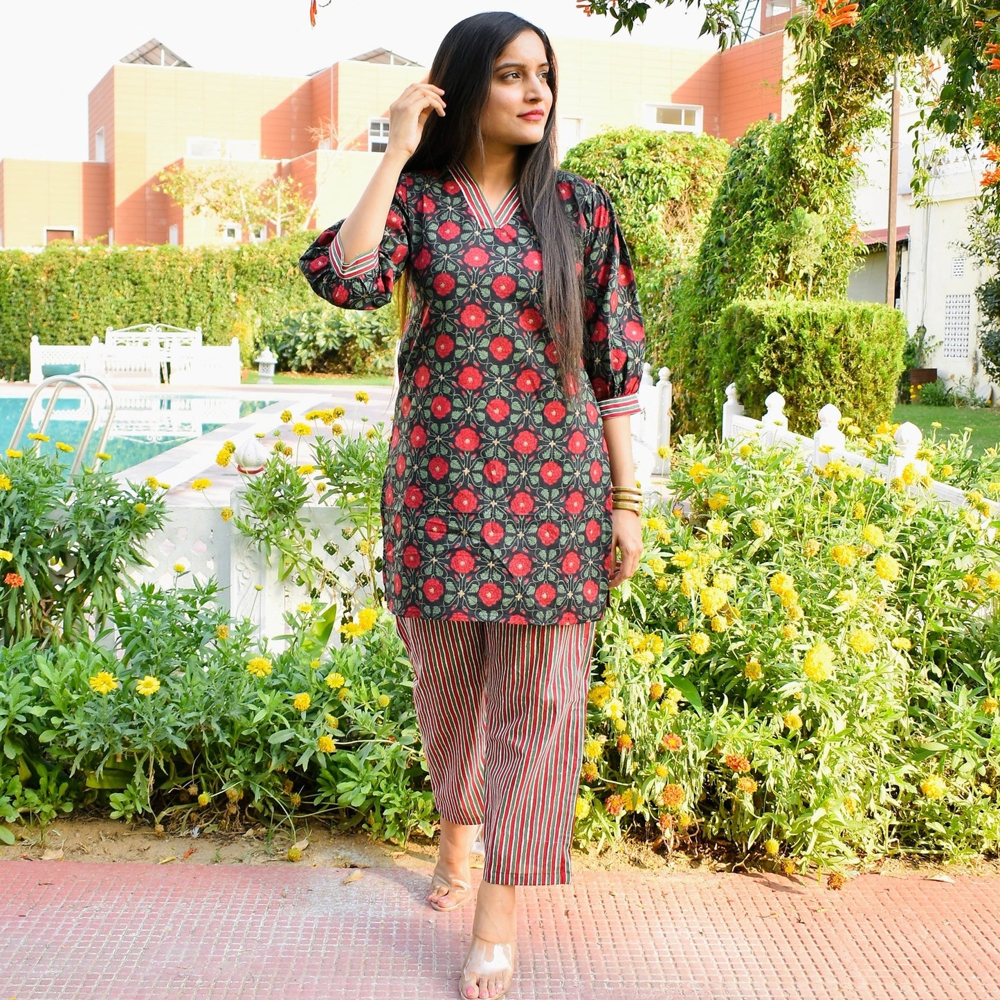 Black Floral Cord Set