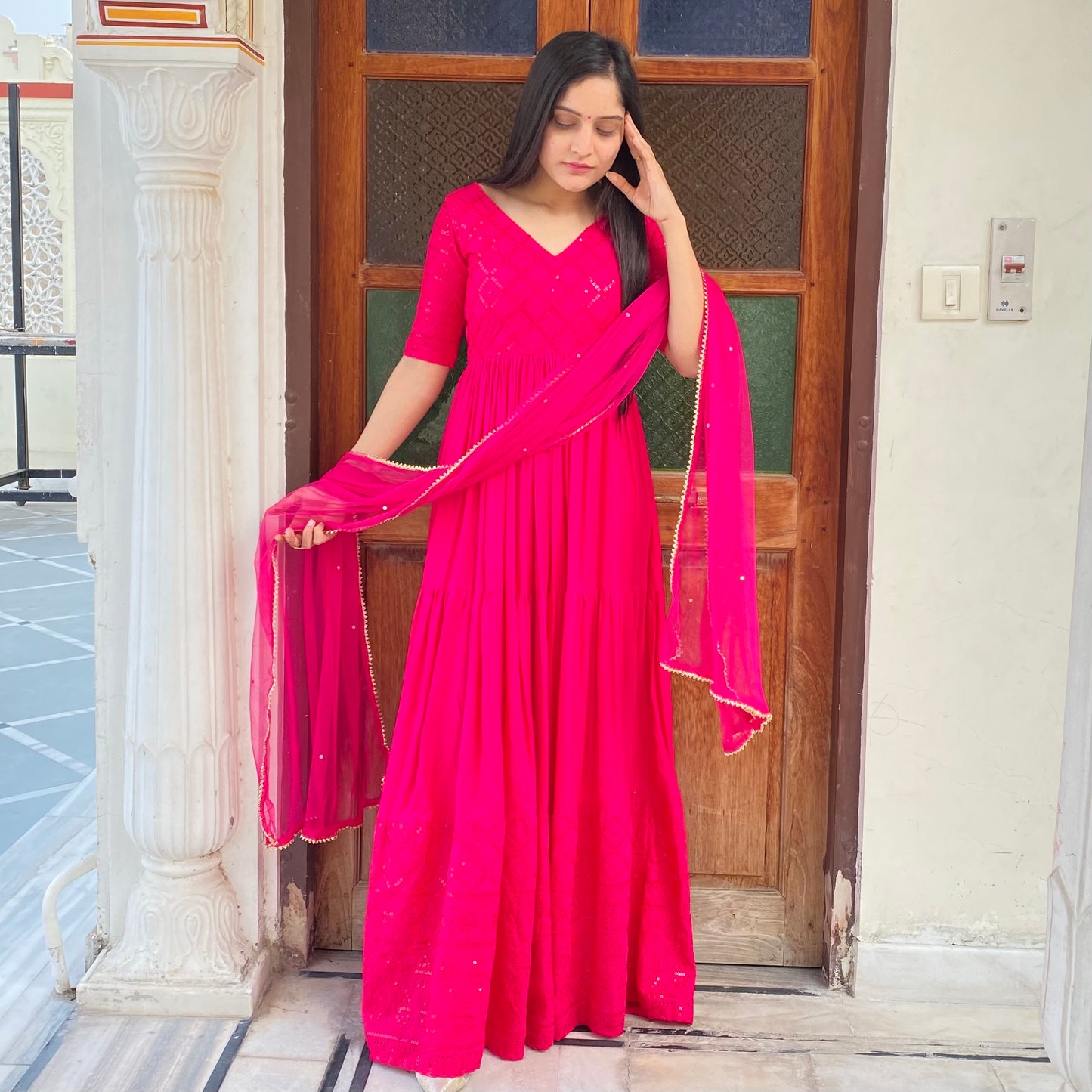 Pink Chikankari Tier Dress With Dupatta