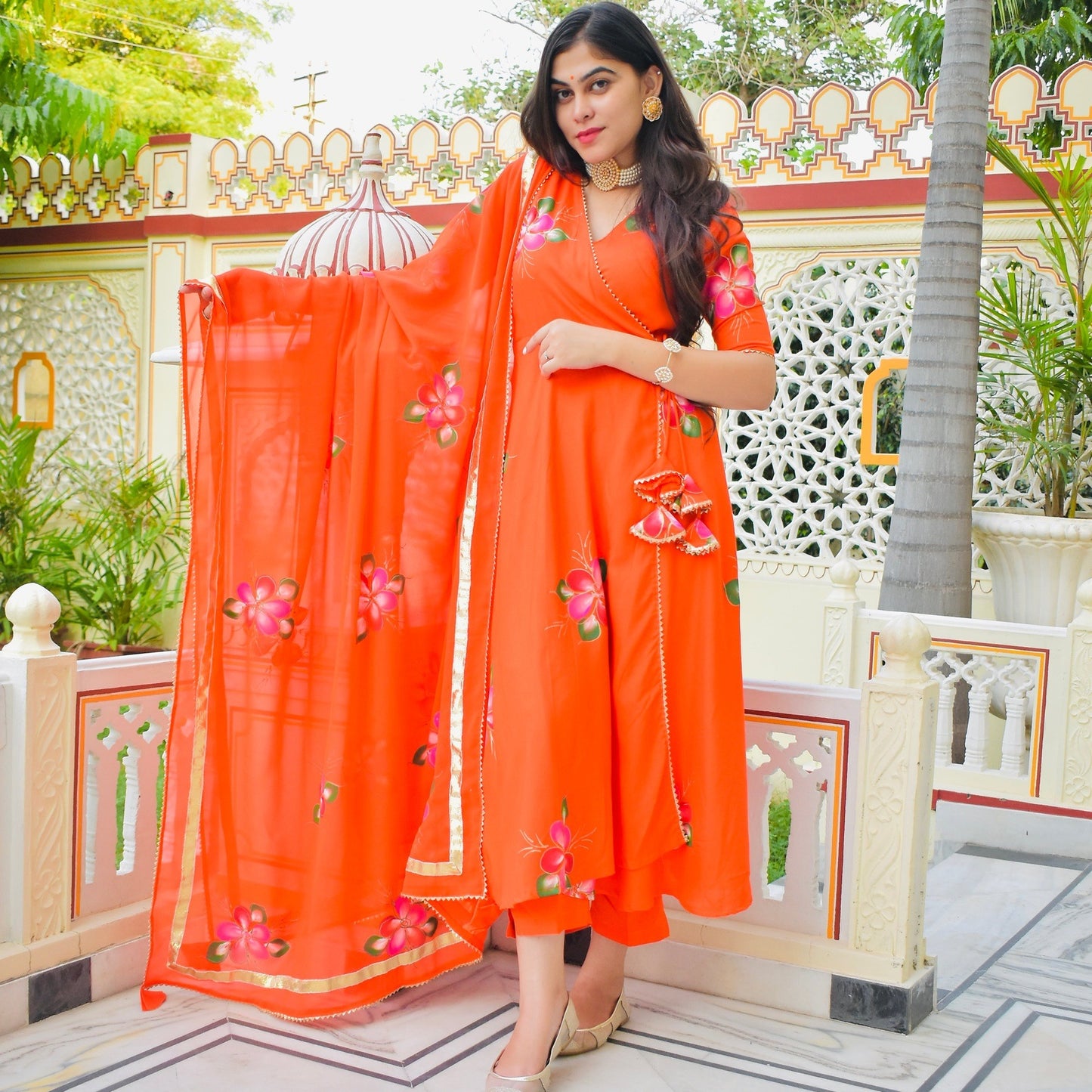 Orange Handpainted Angrakha Suit Set