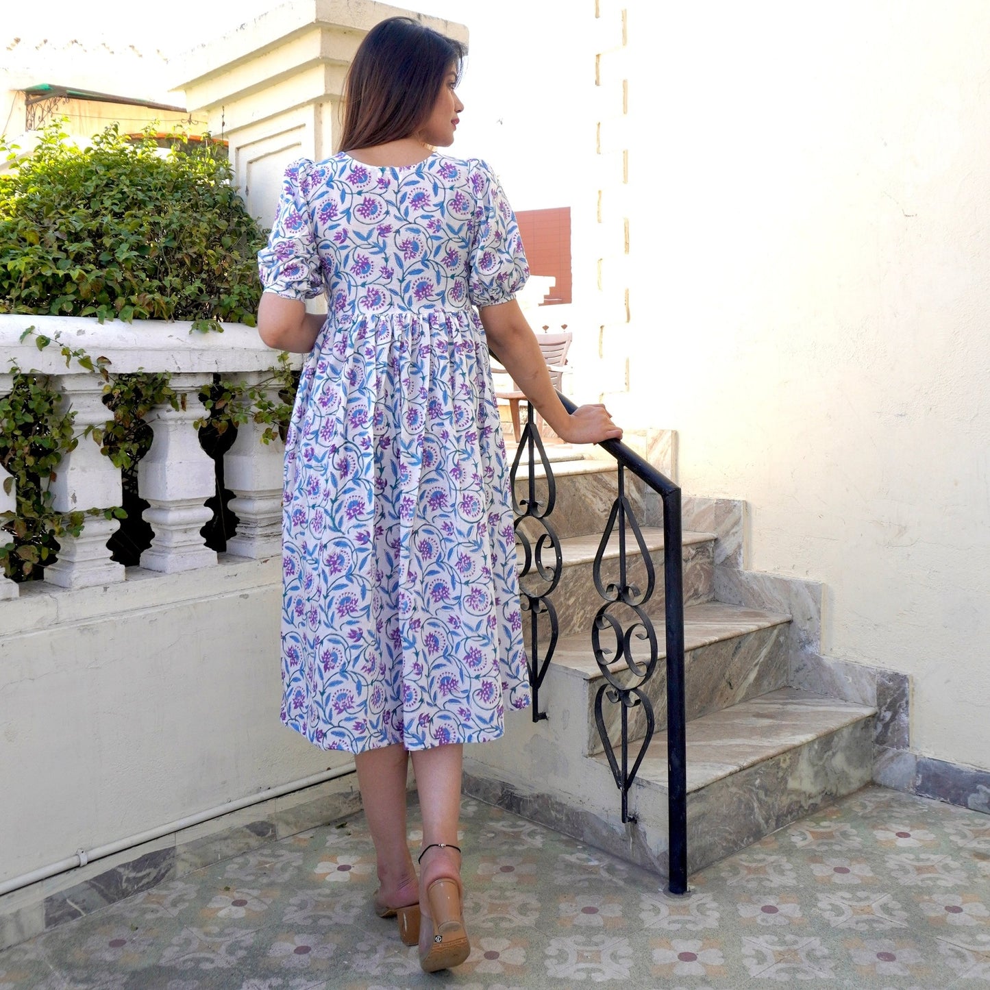 White Handblock Pleated Dress