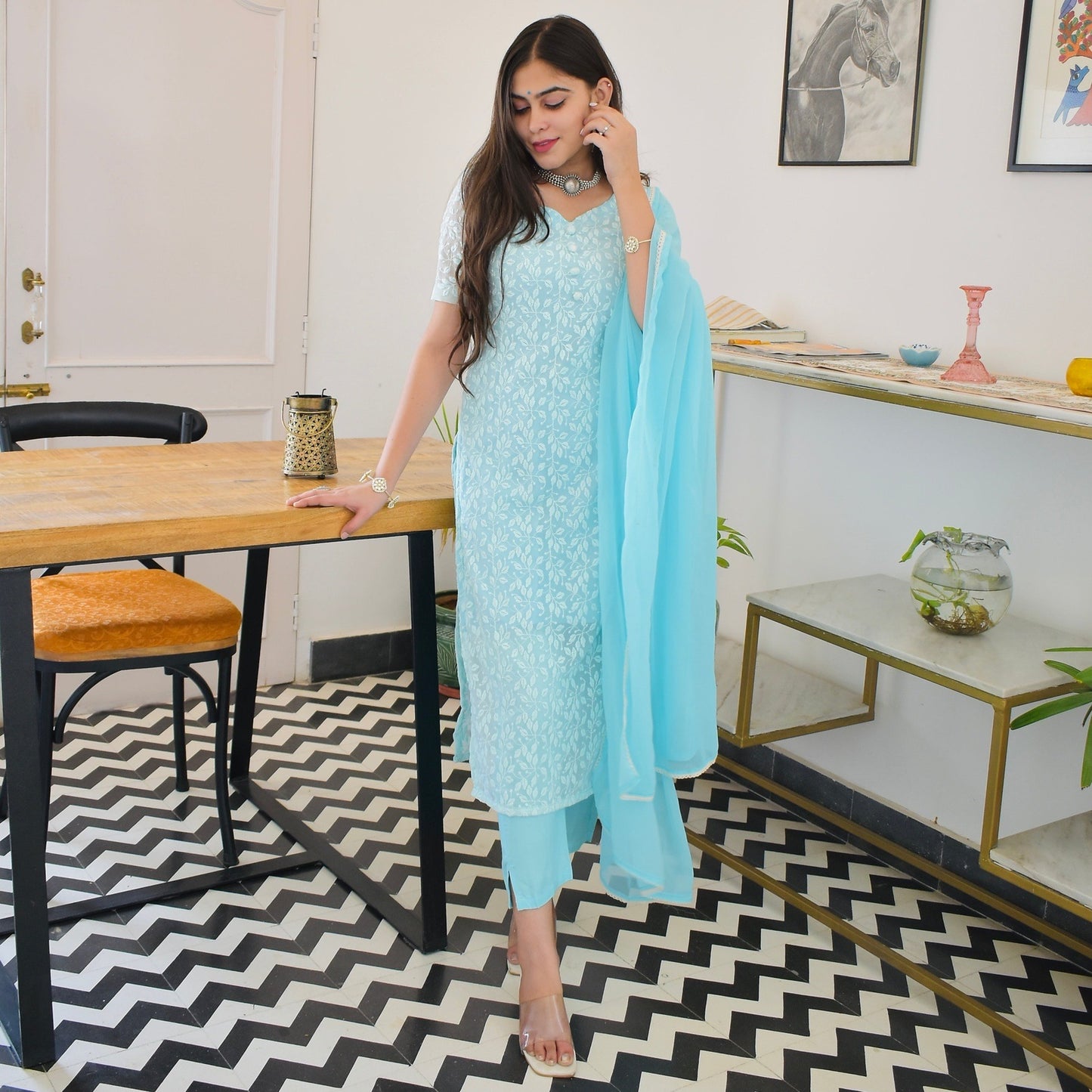 Sky Thread Embroidered Suit Set