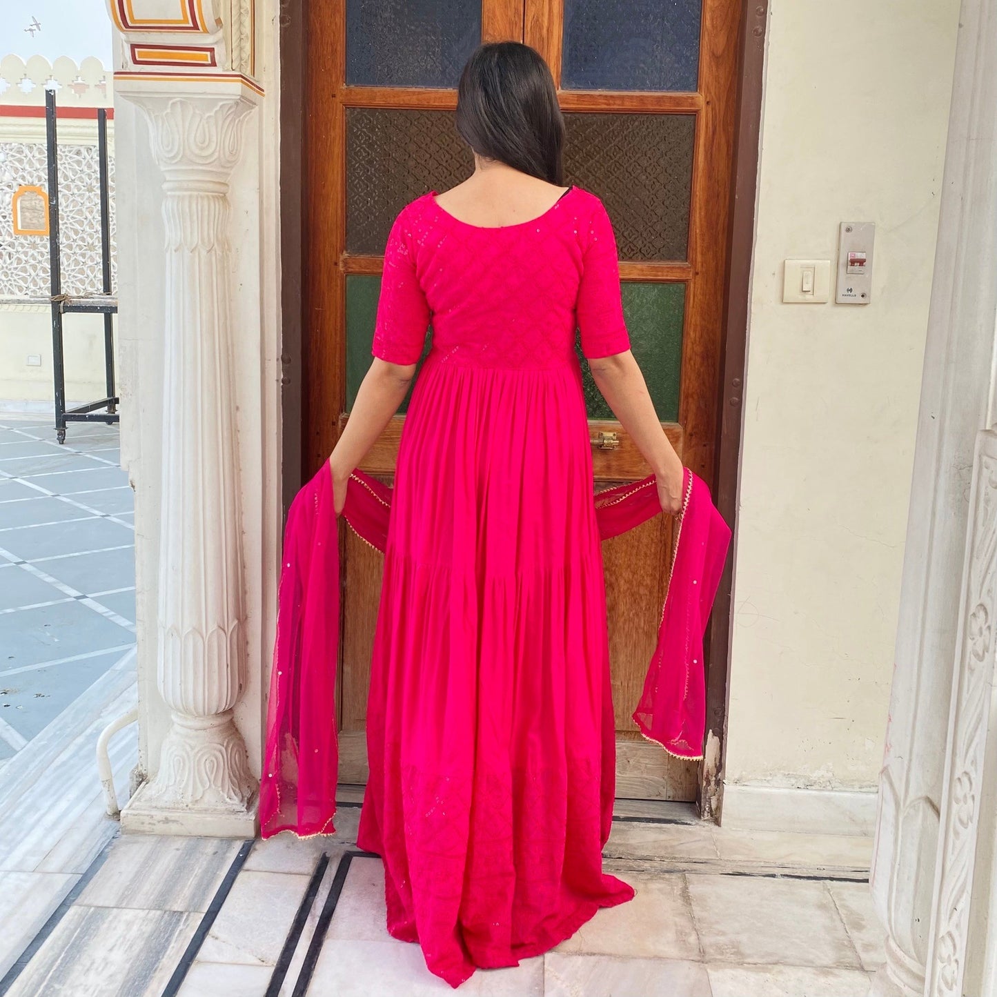 Pink Chikankari Tier Dress With Dupatta