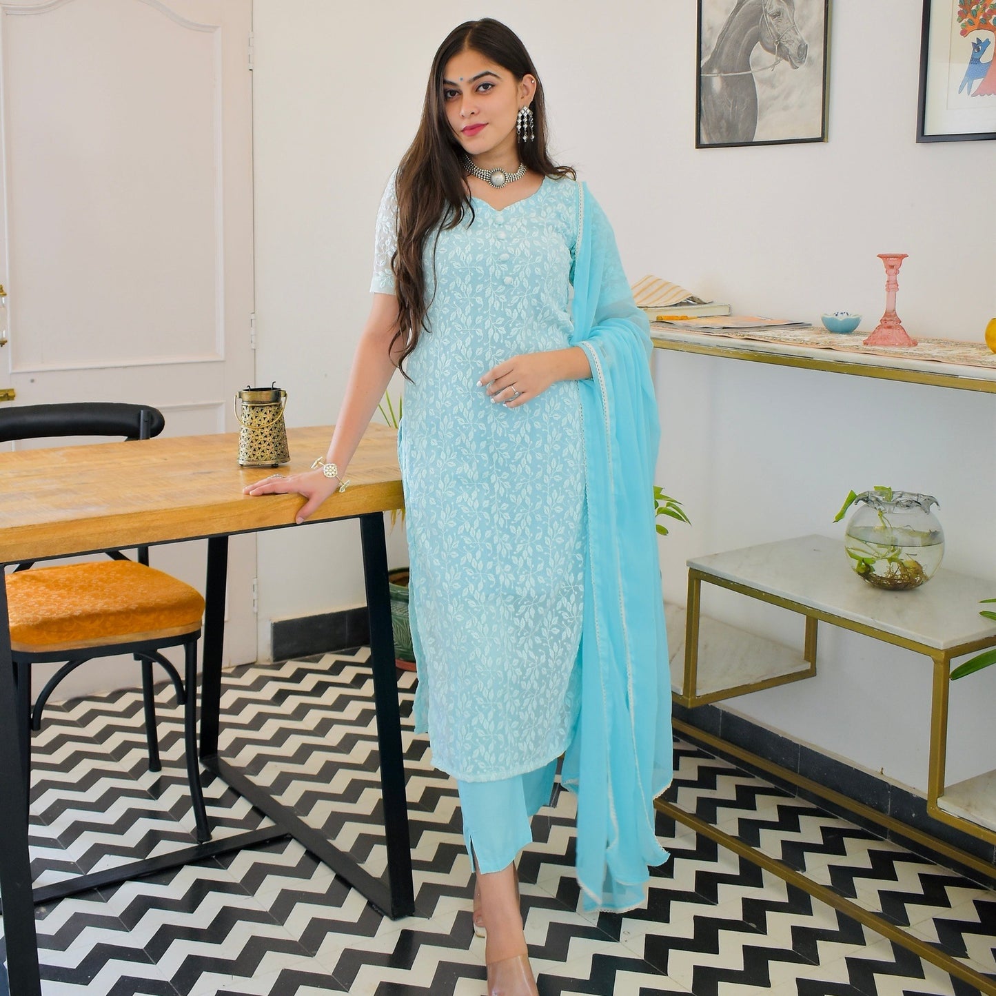 Sky Thread Embroidered Suit Set