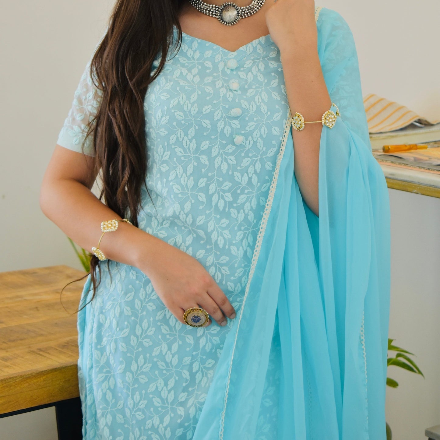 Sky Thread Embroidered Suit Set