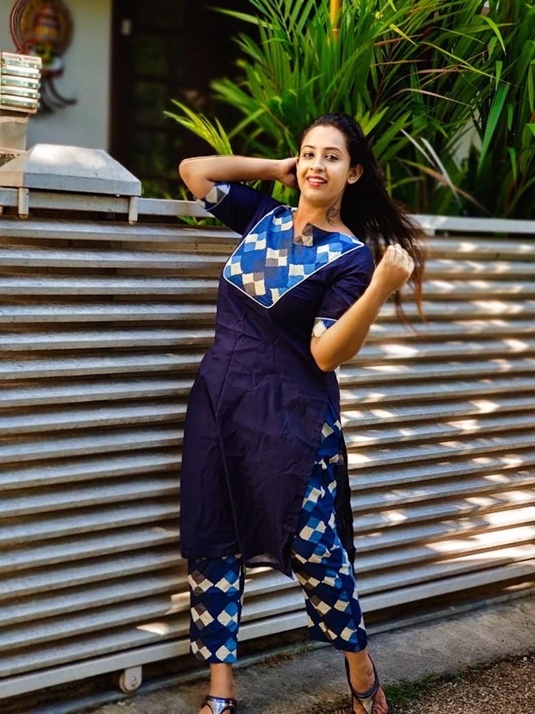 Blue Color Block Kurta Set