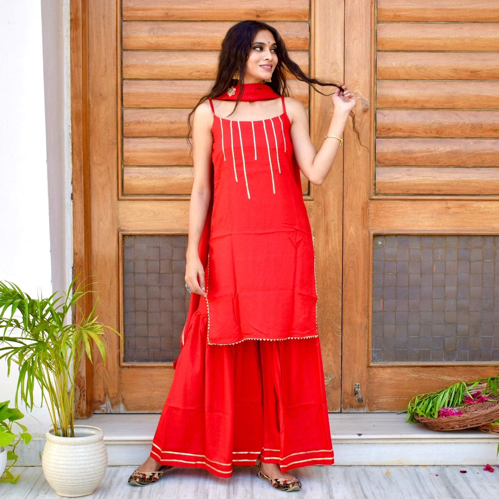 red sharara dress Red Cotton Sharara Set: Gold & Silver Bordered Kurti, Orange Dupatta