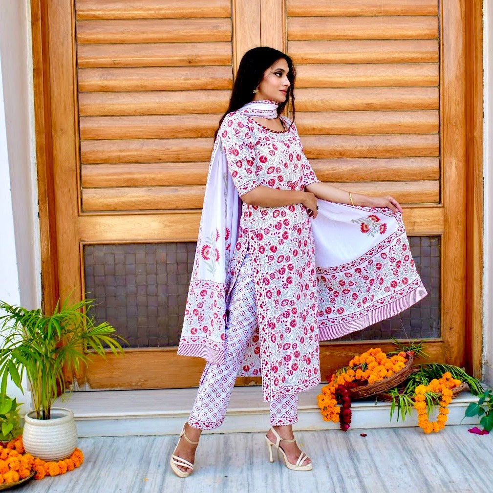White Roses Handblock Suit Set