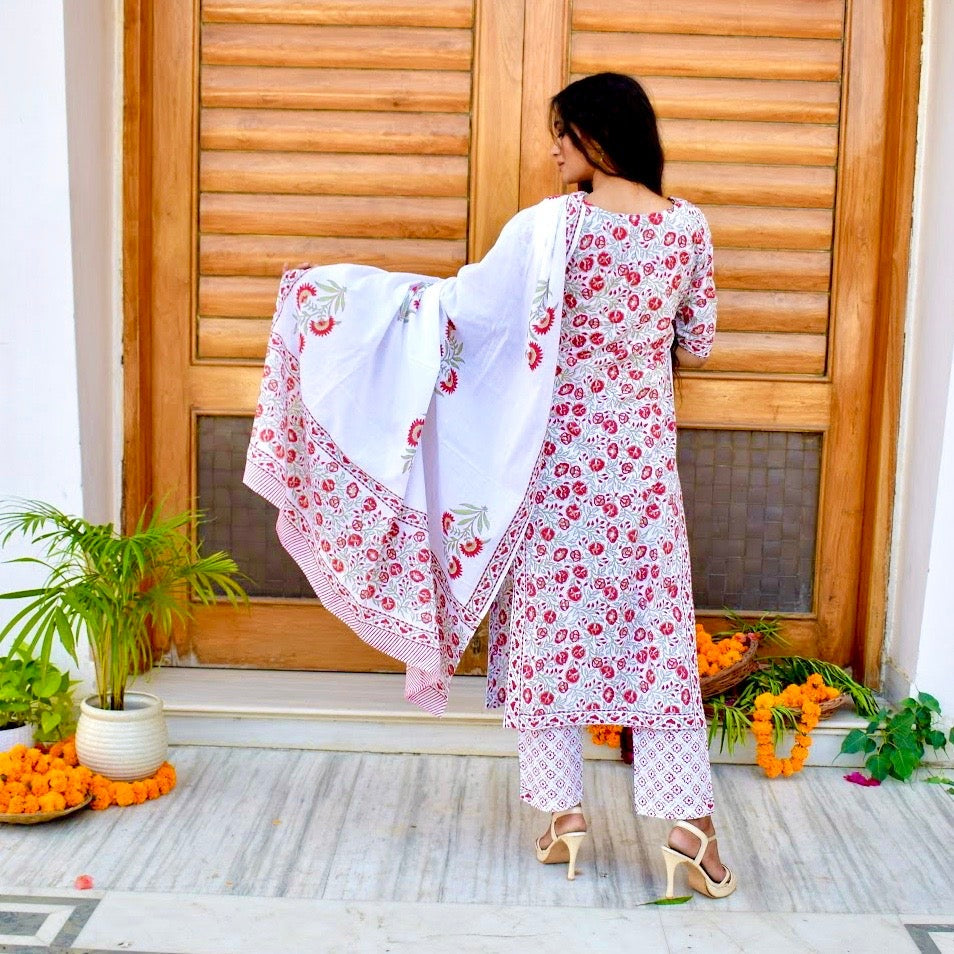 White Roses Handblock Suit Set
