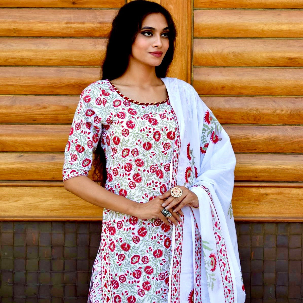 White Roses Handblock Suit Set