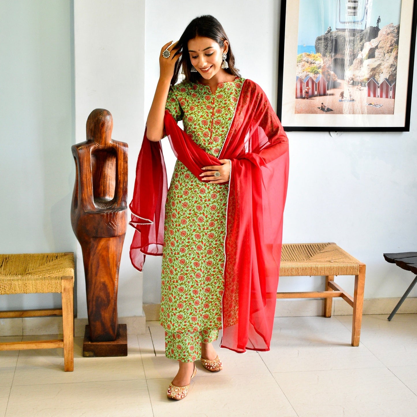 Green Bagh Handblock Suit Set