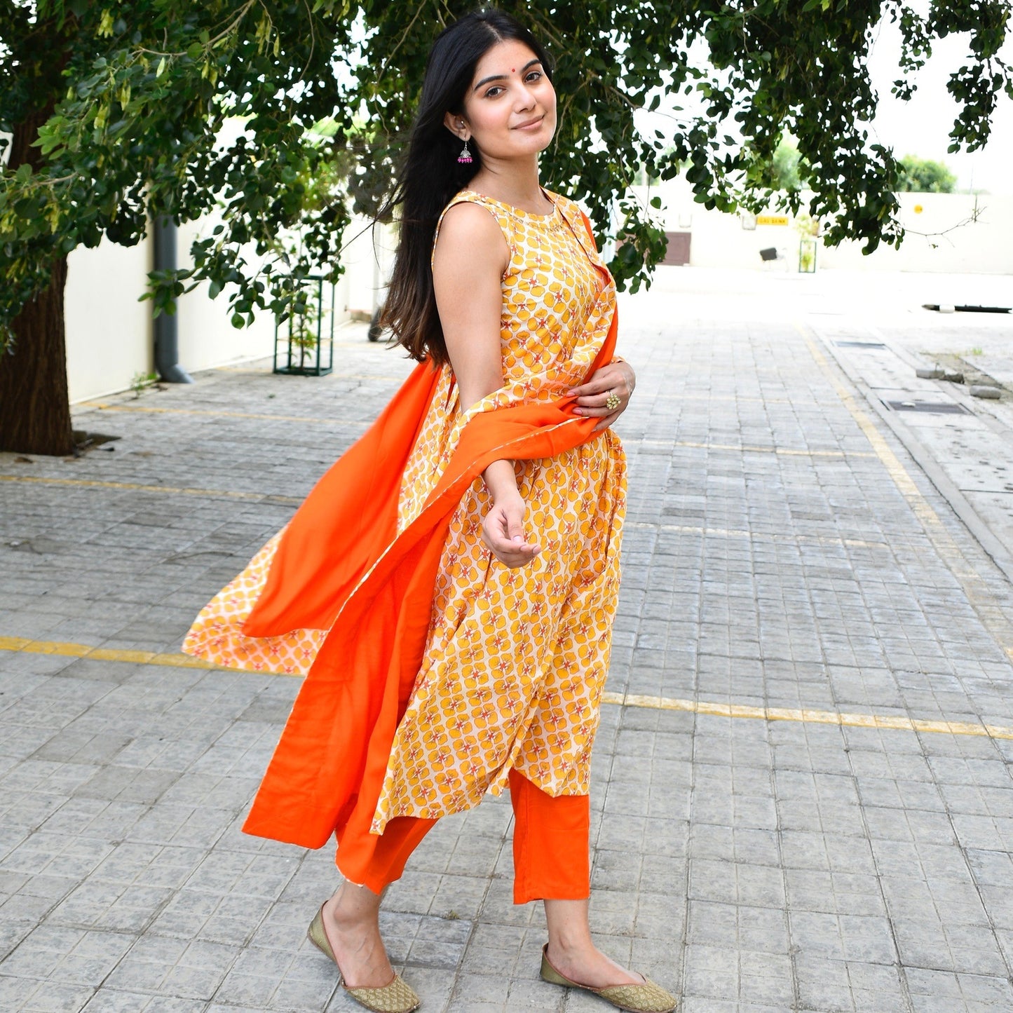 Butter Handblock Pleated Suit Set