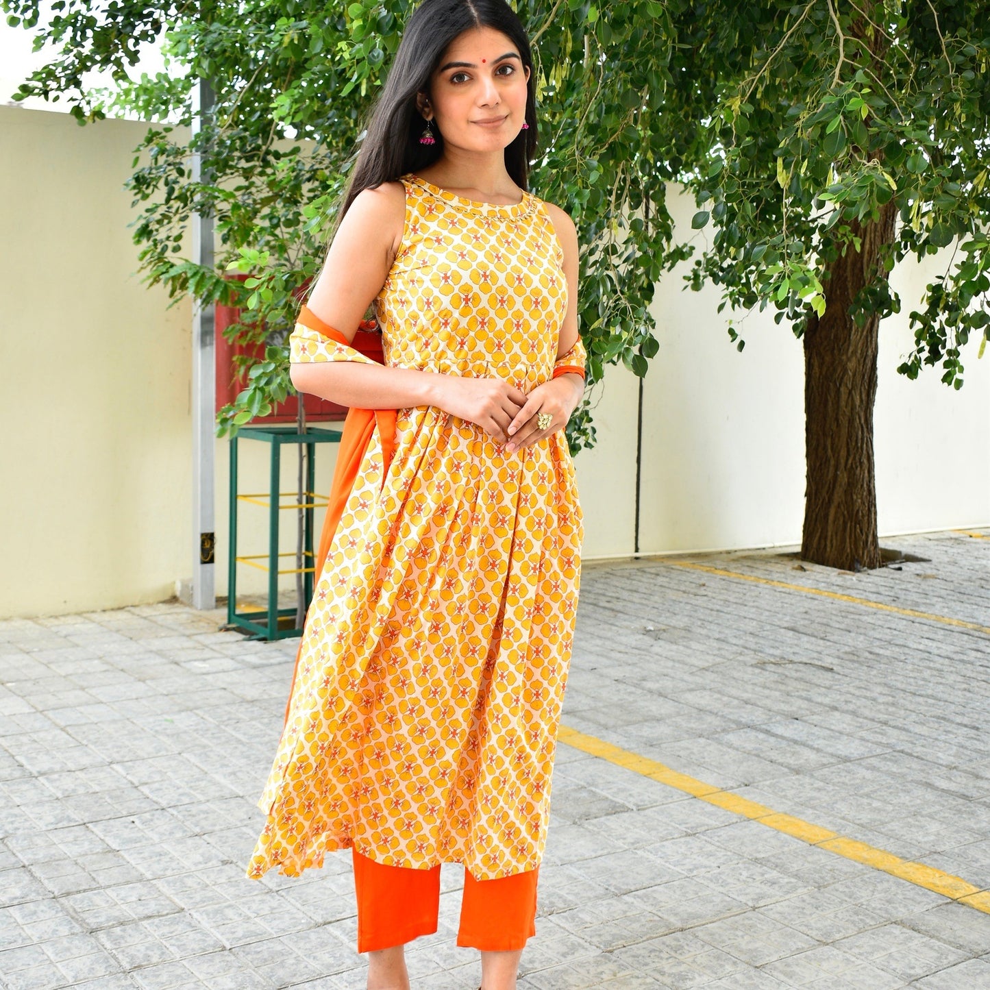 Butter Handblock Pleated Suit Set