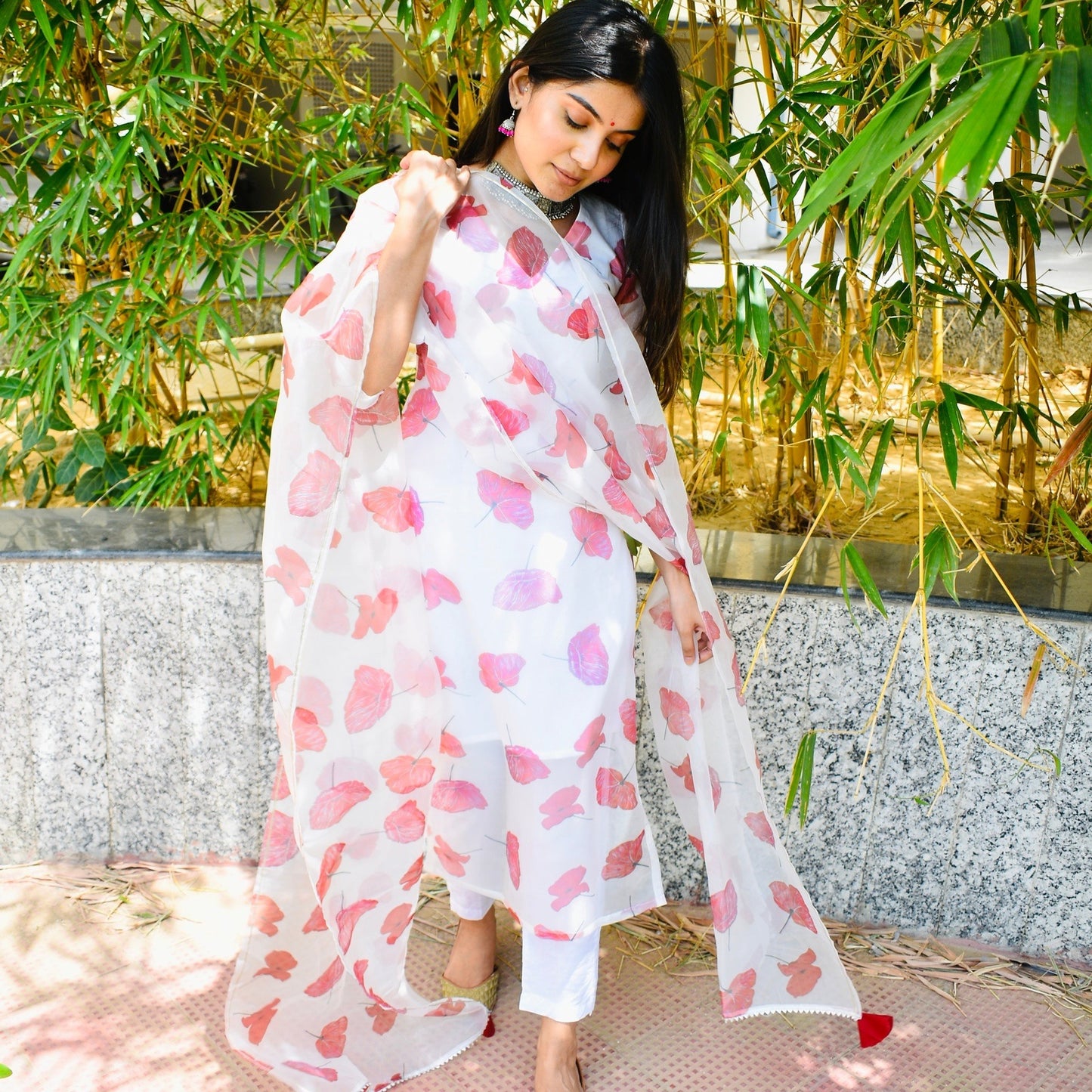White Floral Handpainted Suit Set