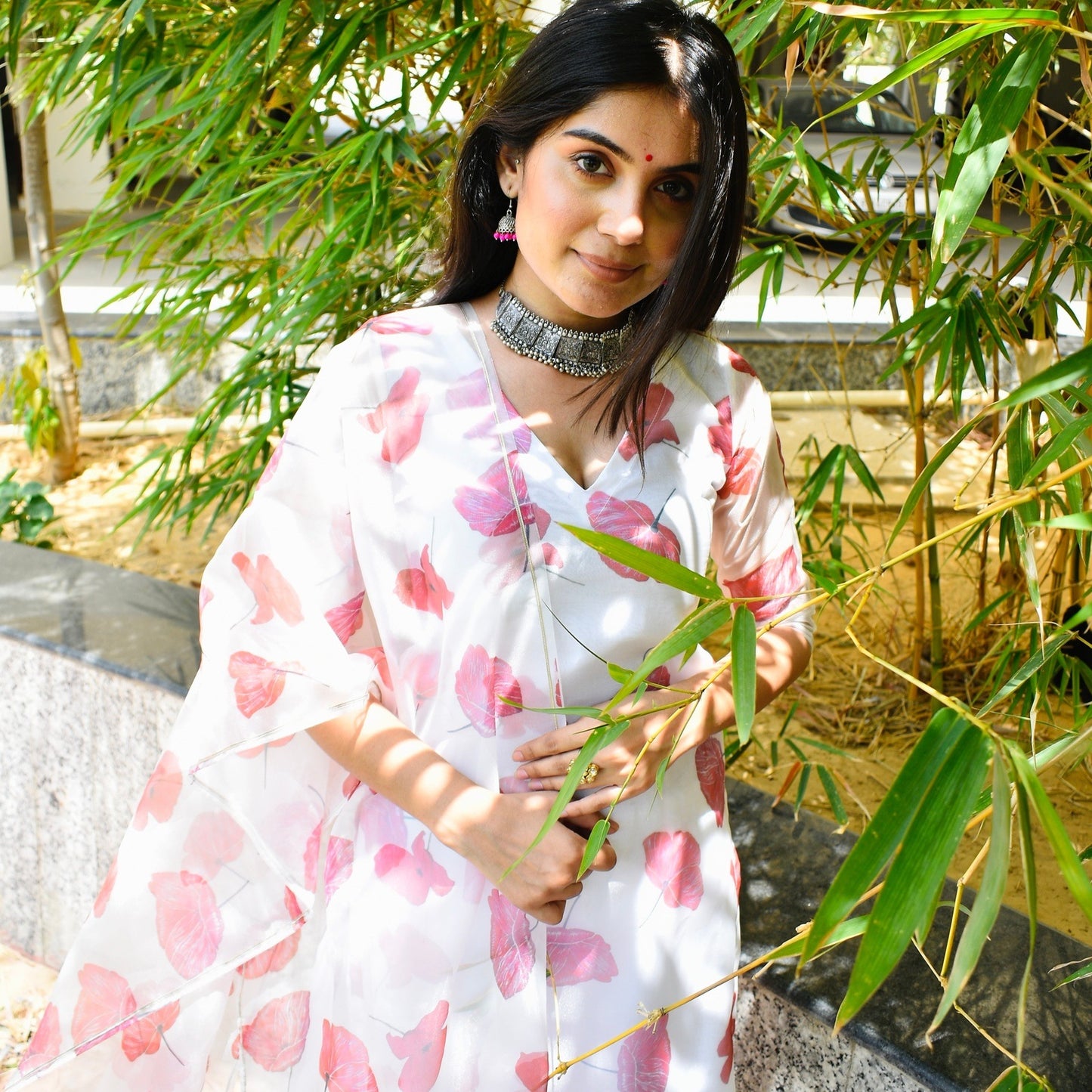 White Floral Handpainted Suit Set