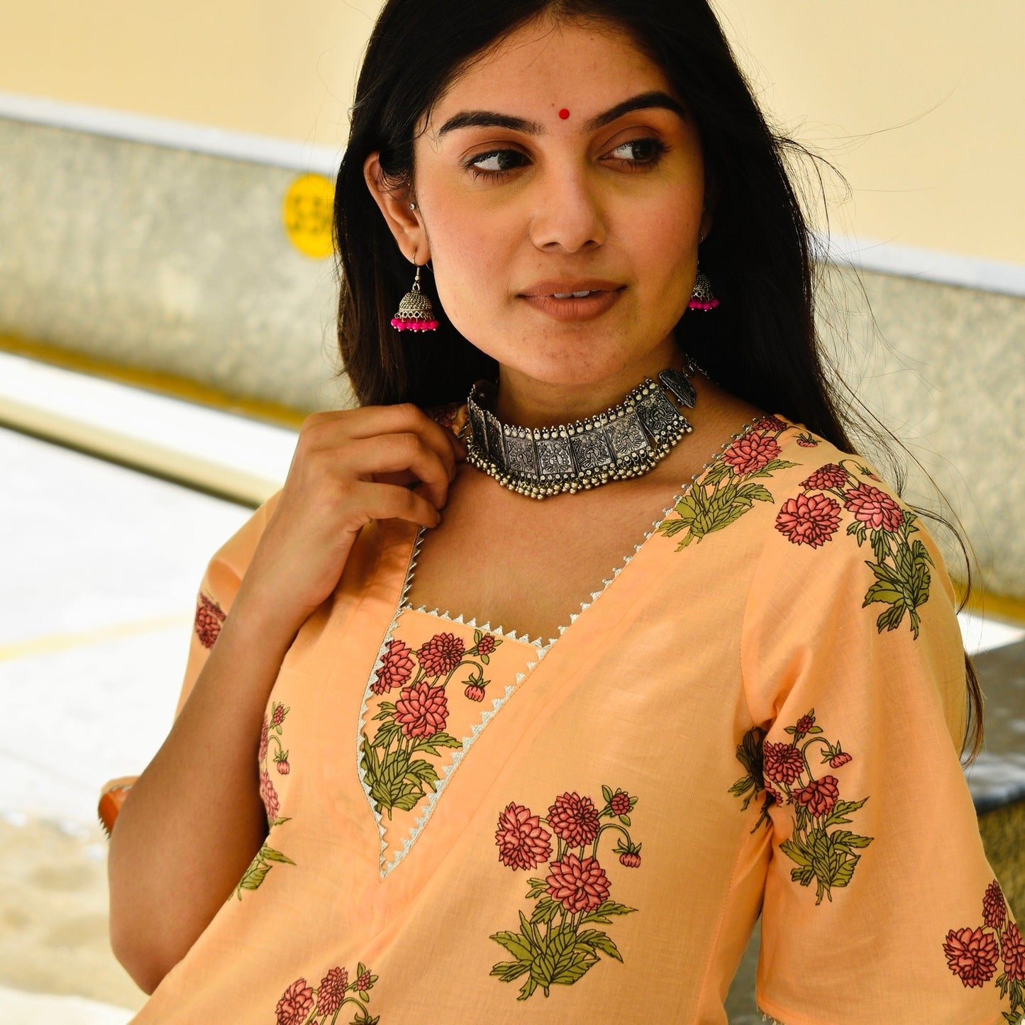 Peach Block Kurta Set