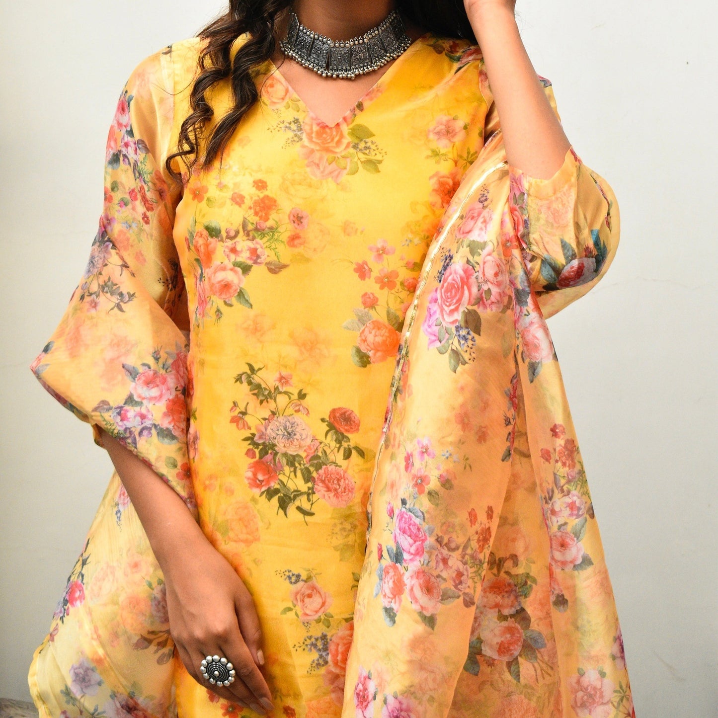 Mustard Floral Kurta Set