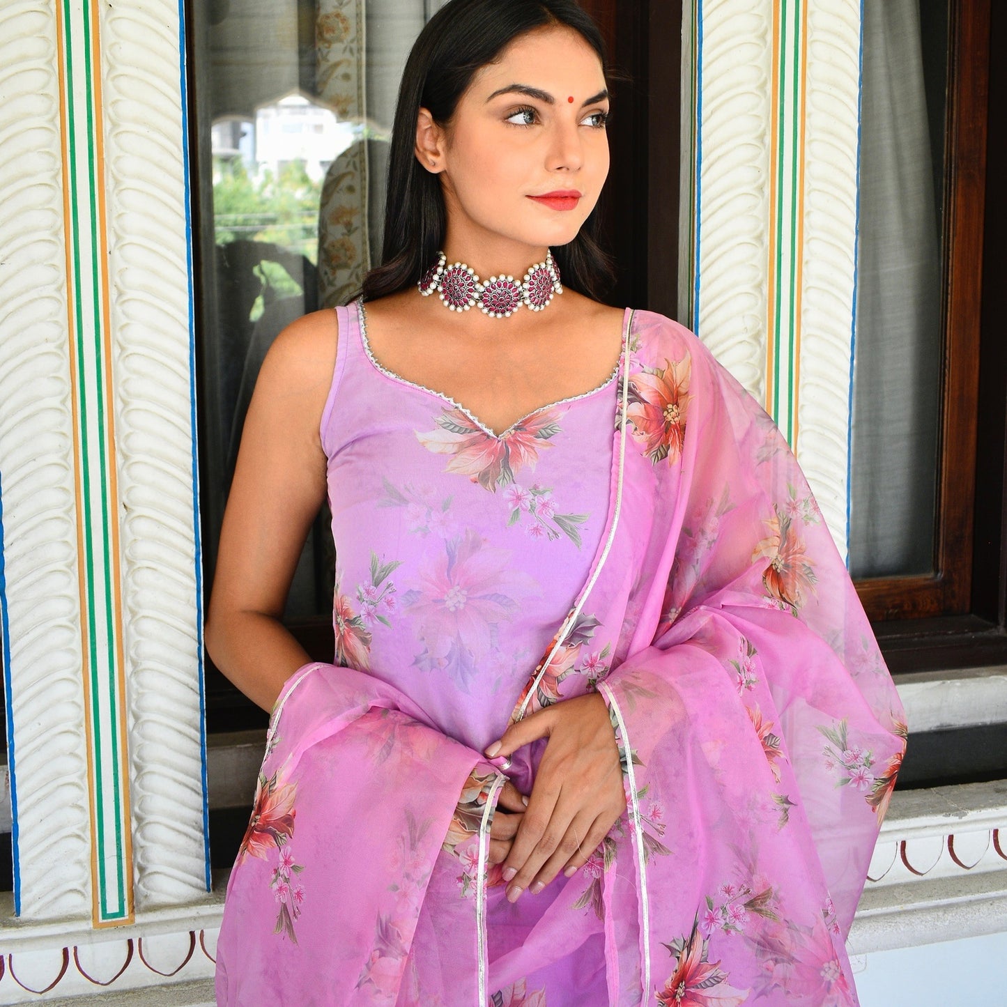 Lilac Floral Organza Suit Set