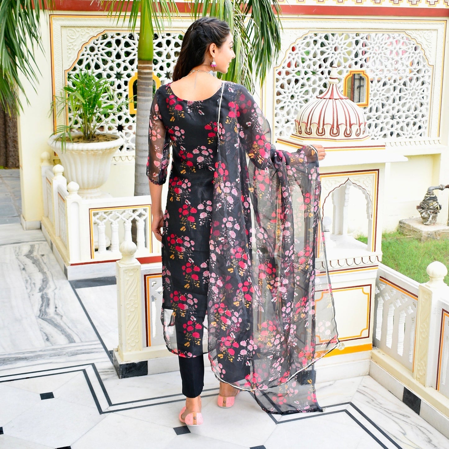 Black Floral Organza Suit Set