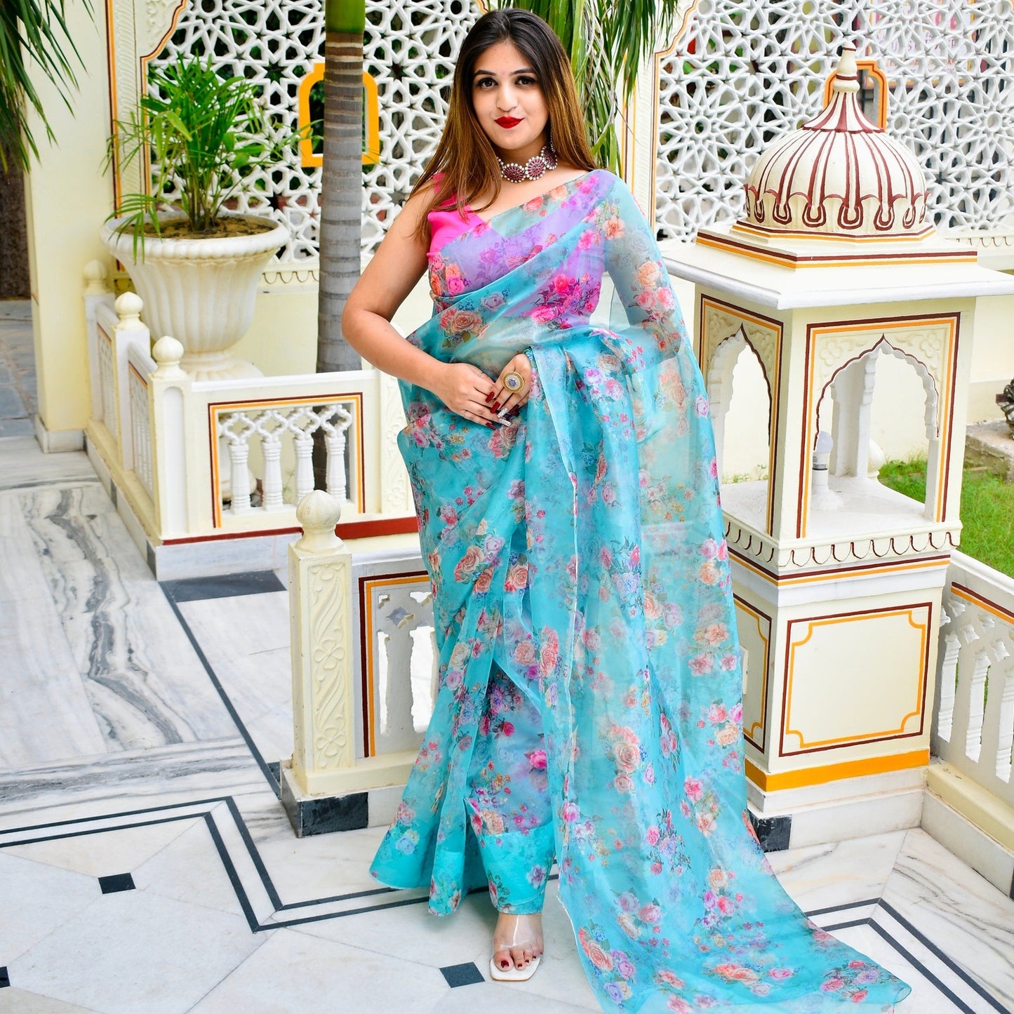 Aqua Floral Organza Saree