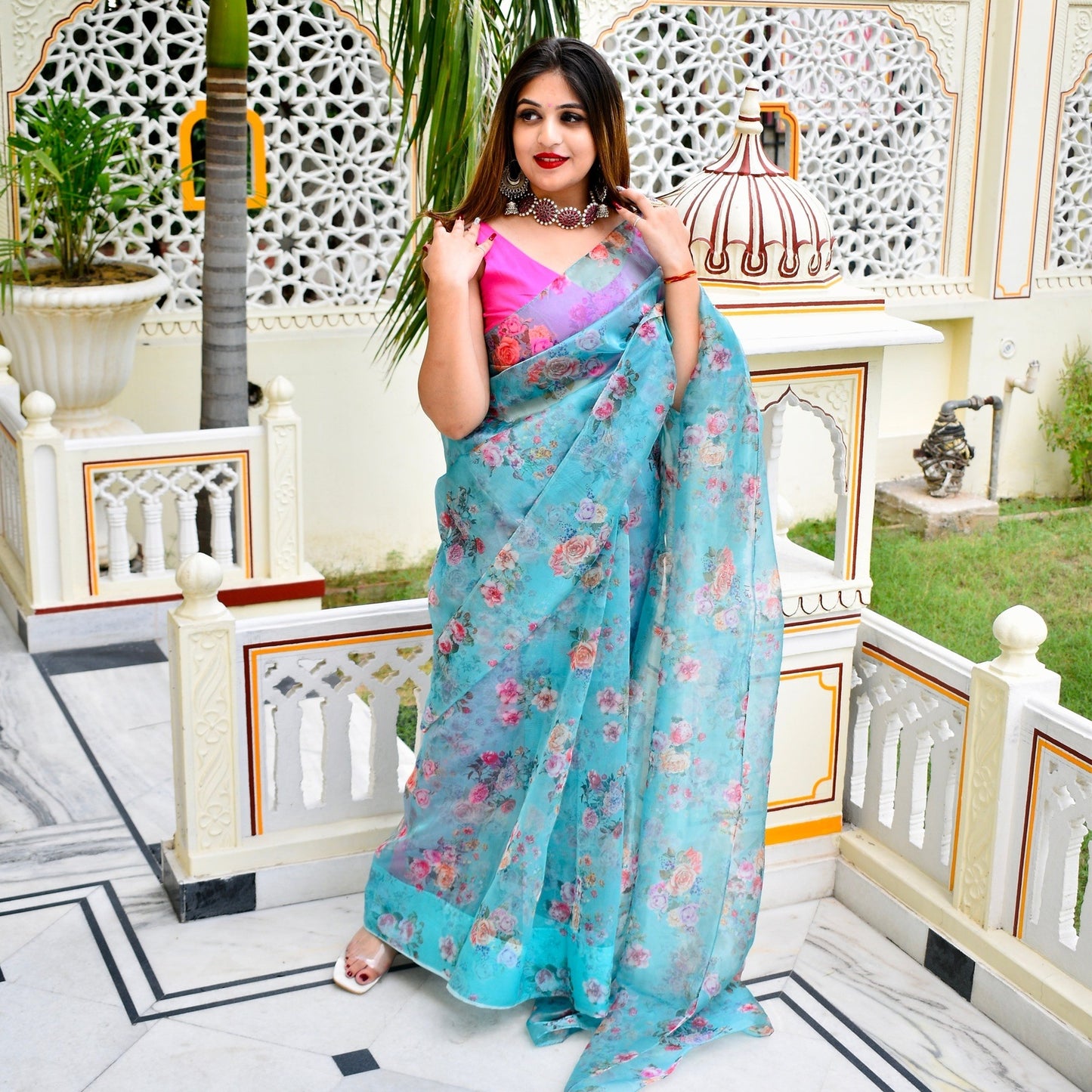 Aqua Floral Organza Saree