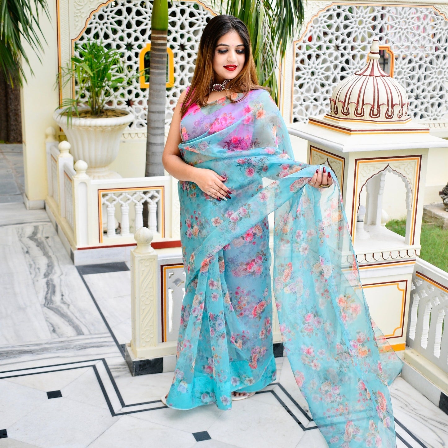 Aqua Floral Organza Saree