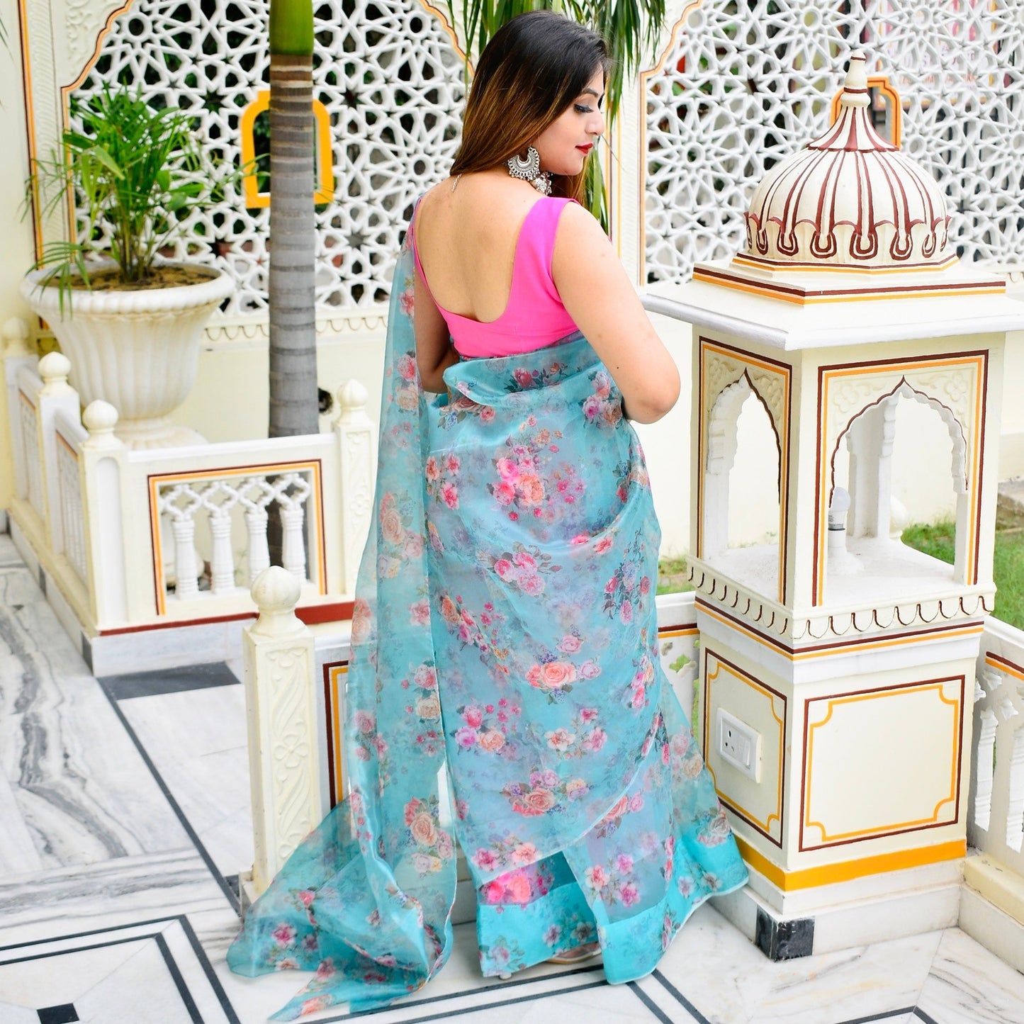 Aqua Floral Organza Saree