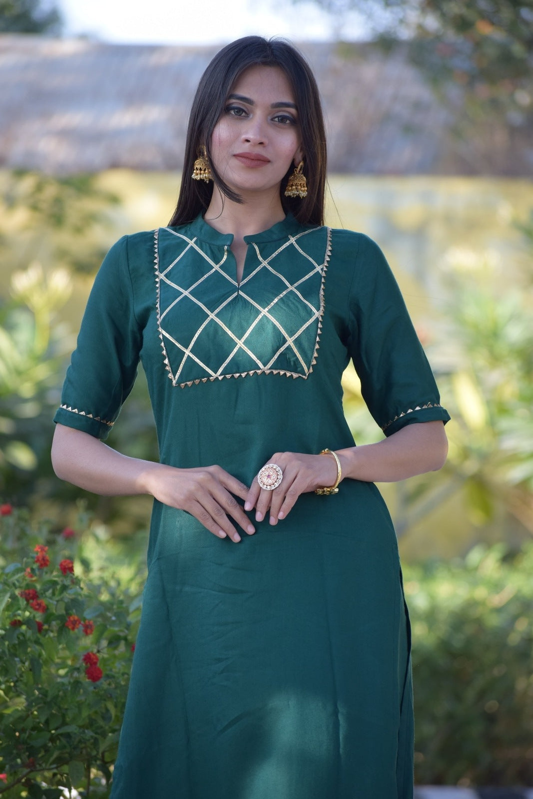 Bottle Green Yoke Design Kurta Set