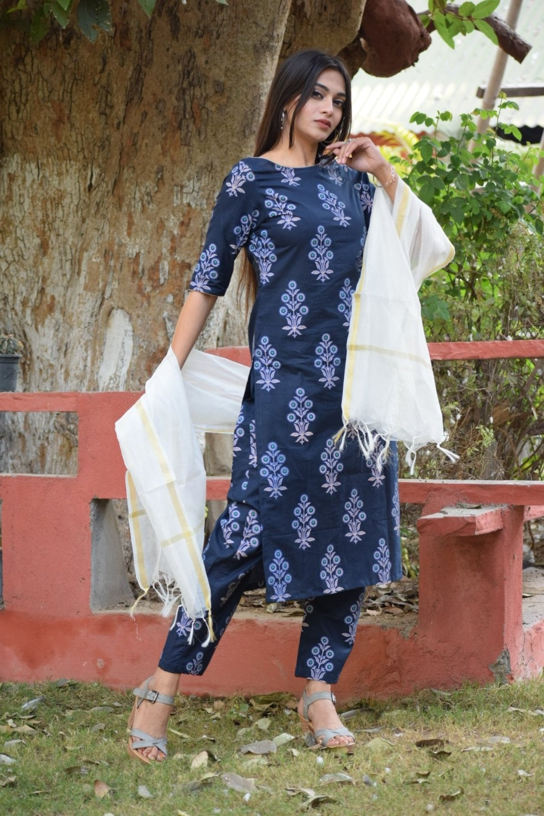 Dark Blue Handblock Suit Set