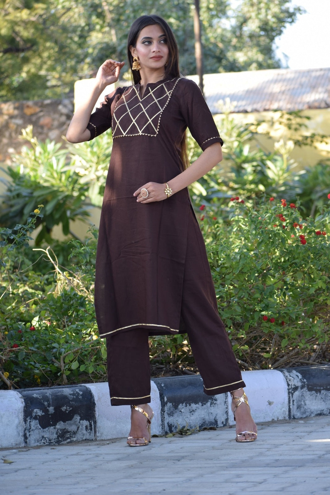 Umber Yoke Design Kurta Set